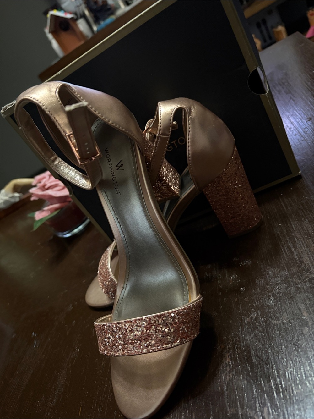 Rose Gold Glitter Block Heel Sandals - Picture 2 of 6